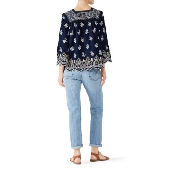 Shoshanna Calah 100% Cotton Boho Embroidered Peasant Top Blouse Navy White XS - Picture 3 of 10